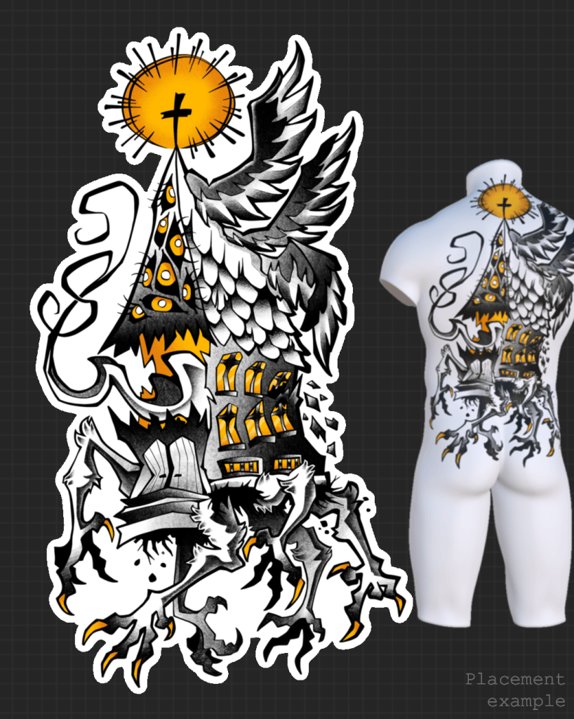 Wanna-do burning church, Baba Yaga inspired hut (tattoo, design, arikatora)