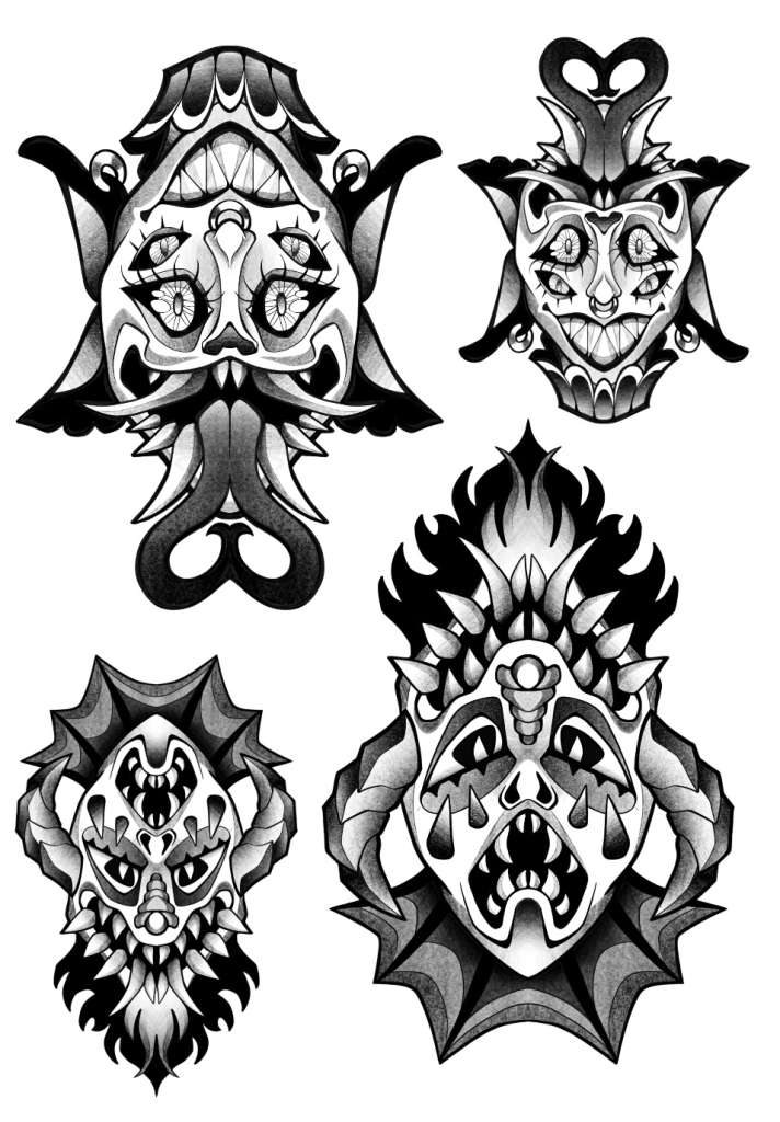 Wanna-do designs, yokai inspired heads/masks (tattoo, design, arikatora)