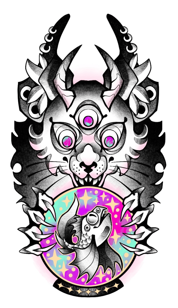 Wanna-do design of a magical cryptic cat with a globe which has a fish inside it (tattoo, design, arikatora)