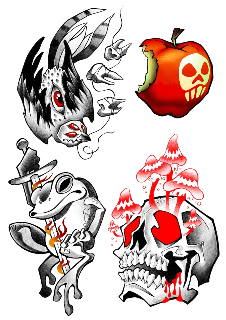 Wanna-do designs of four topics: poison apple, frog with a burning sword, skull with mushrooms growing out of it, bird-beast with teeth on a string (tattoo, design, arikatora)