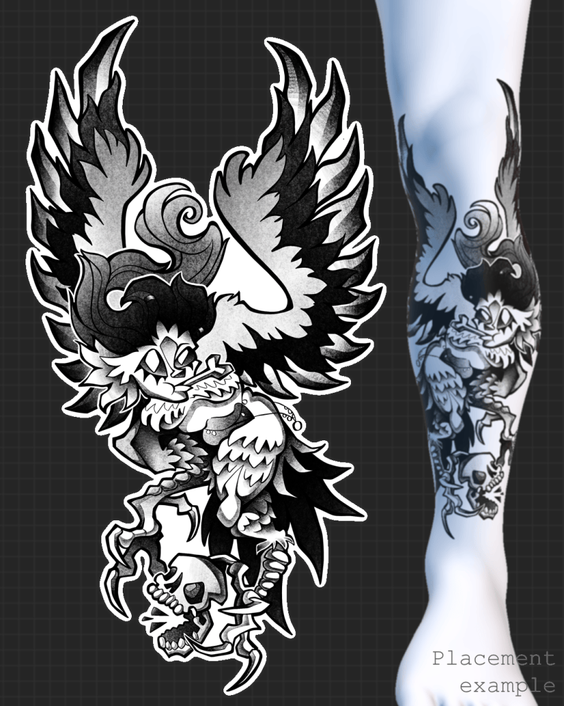 Wanna-do design of a harpy creature, gnawing on a bone, wings spread behind her (tattoo, design, arikatora)