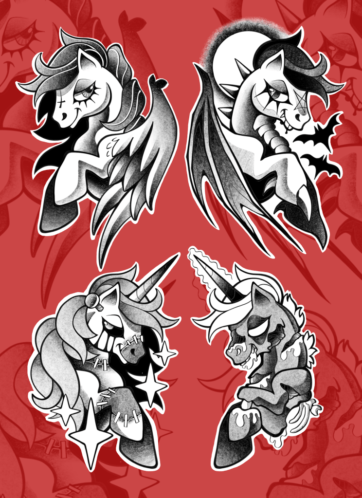Repeatables of My Little Pony inspired ponies, Halloween & spooky vibes (tattoo, design, arikatora)