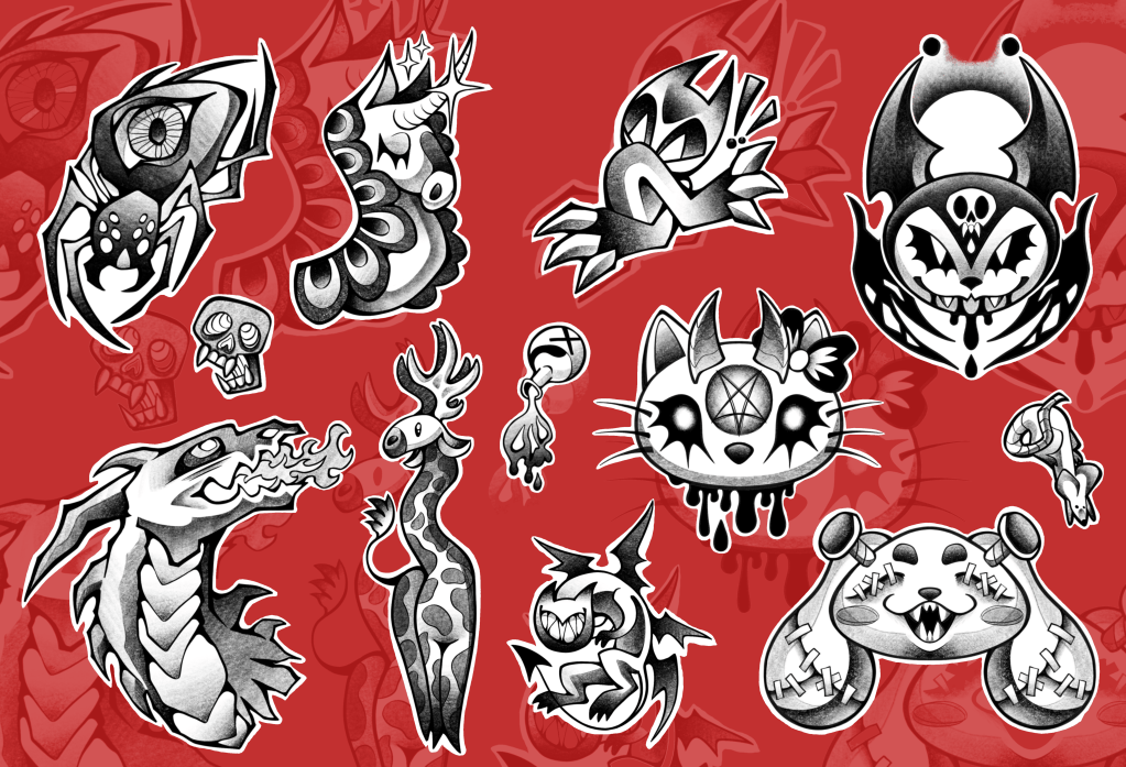 Repeatable critters and characters inspired by Hello Kitty (tattoo, design, arikatora)