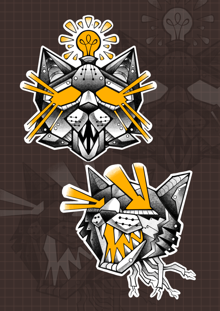 Wanna-do robotic cat heads with light motives (tattoo, design, arikatora)